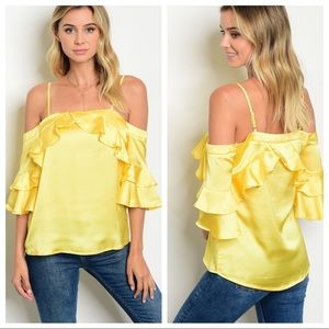 3/$36 CALS yellow ruffled shiny sleeveless top